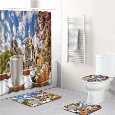 

Gobestart Waterproof Bathroom Shower Curtain Set Non-Slip Rug Toilet Lid Cover Bath Mat