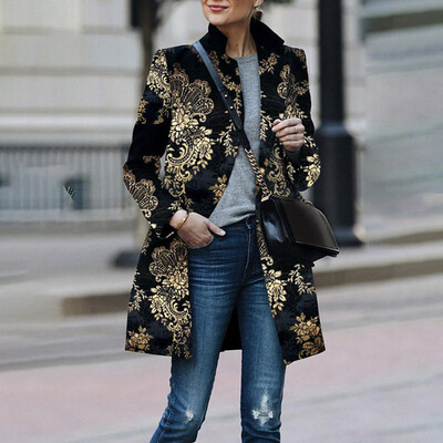 

Tailored Women Open Front Printed Cardigan Suit Long Sleeve Streetwear Blouse Coat