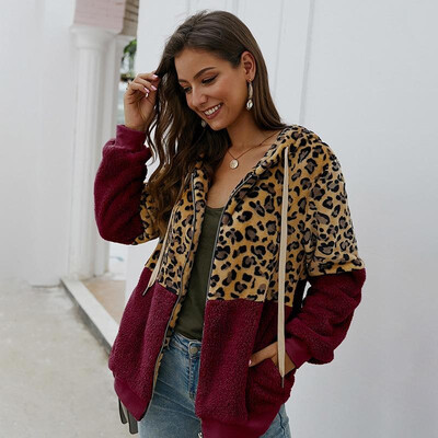 

Women Warm Fleeces Hooded Coat Jacket Leopard Zipper Front Pockets Winter Furry Hoodies Casual Overcoat Outwear