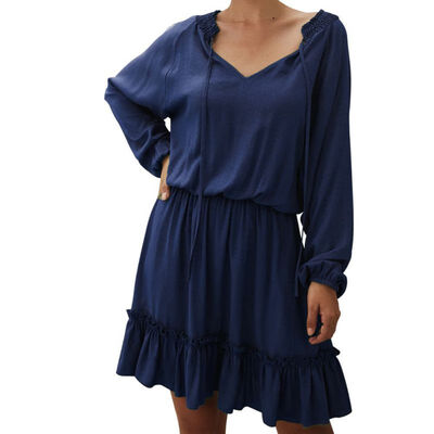 

Women Chic V-Neck Sweet Fashion Solid Color Long Sleeve Pullover Dress
