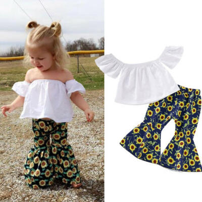 

2PCS Toddler Kids Girls Off Shoulder TopsFlared Long Pants Sunflower Outfits
