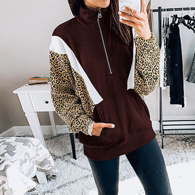 

Tailored Women Fashion Stand Collar Zipper Pockets Leopard Print Outwear Pullover Tops