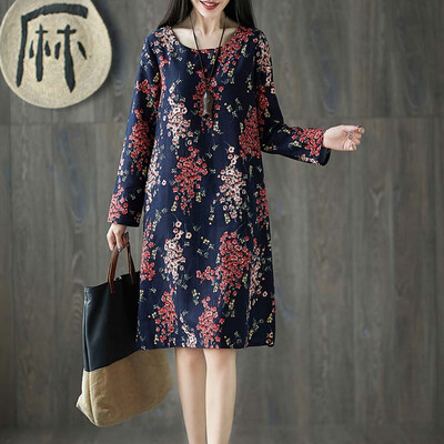 

Tailored Women Plus Size Folk-Custom Loose Floral Printed Cotton And Linen Dress