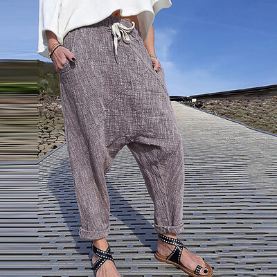 

Women Plus Size Pure Color Pocket Wide Leg Pants Cotton Linen Trousers