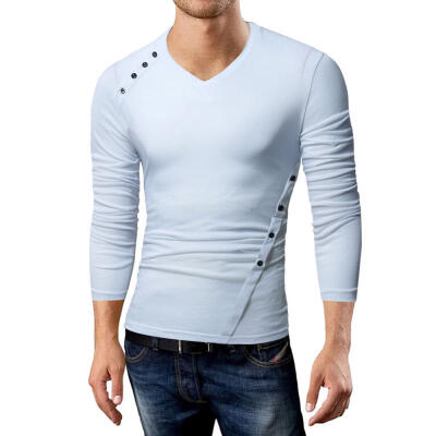 

Fashion Casual Mens T Shirt Solid Color Side Buttons Long Sleeve V-Neck Tight Shirt For Men