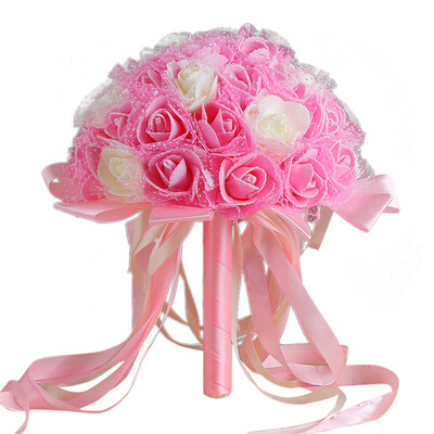 

Gobestart Crystal Ribbon Roses Bridesmaid Wedding Bouquet Bridal Artificial Silk Flowers