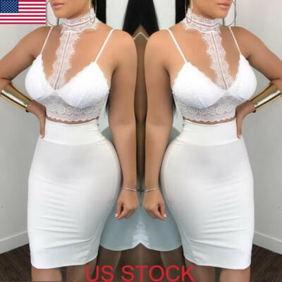 

Women 2 Piece Bodycon Two Piece Crop TopSkirt Set Lace Dress Party Clubwear USA