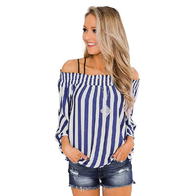 

One-shoulder striped chiffon shirt womens shirt European&American cross-country sexy casual nine-point sleeve chiffon shirt n