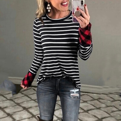 

Gobestart Womens Fashionable Long-Sleeved Jacket With Round Collar Stripes Blouses