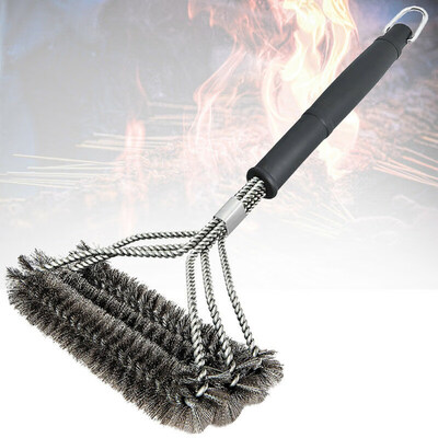

3-Head Barbecue Oven Grill BBQ Long Handle Steel Wire Cleaning Brush Cleaner