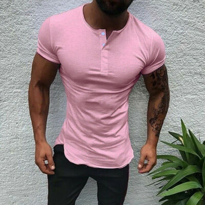 

Men Casual Plain Short Sleeve T-shirt Tee Shirt Top Grandad Collarless Button