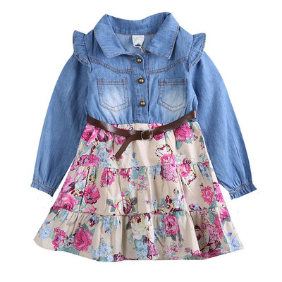 

Toddler Kids Baby Girls Long Sleeve Party Floral Denim Dress Clothes