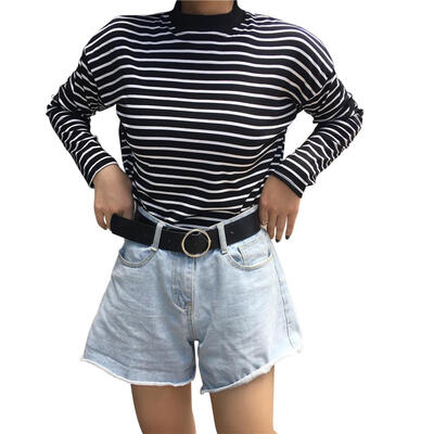 

Striped T-Shirt Women Korean Style Long Sleeve O Neck Tee Shirt Loose Tops