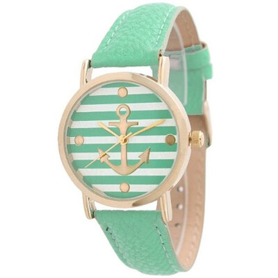 

〖Follure〗Fashion Womens Ladies Striped Anchor Style Leather Watch Mint