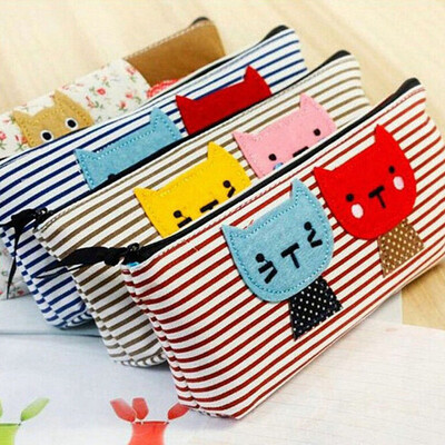 

Creative Students Canvas Cartoon Stripe Cate Pencil Case Children Cute Big Bag Color Random