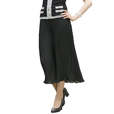 

New Fashion Women Wide Leg Pants Pleated Chiffon Elastic Waist Loose Capris Flare Cropped Trousers Culottes Black