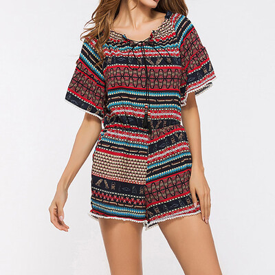 

Starmoon Women Summer Print Short Sleeve Slash-Neck Casual Rompers Jumpsuit