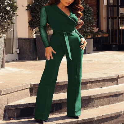 

Notched Lapel Solid Mesh Spliced Long Sleeve Strappy Maxi Wrap Jumpsuit