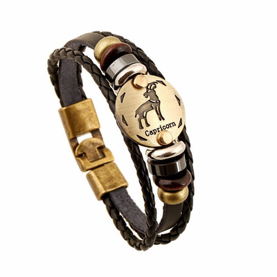 

Fashionable Bronze Alloy Buckles Zodiac Signs Bracelet Punk Leather Bracelet Wooden Bead & Black Hematite Lover Charm Jewelry