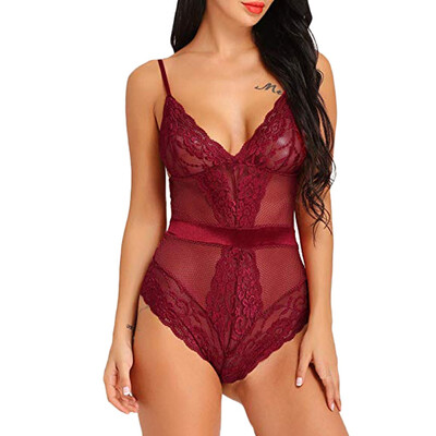 

Toponeto New Women Lace Mesh Slips V-neck Backless Bandage Lingerie Bodysuit Jumpsuits