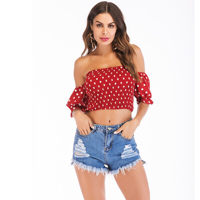 

Starmoon Women Dot V Neck One Shoulder Short Sleeved T-shirt Blouse