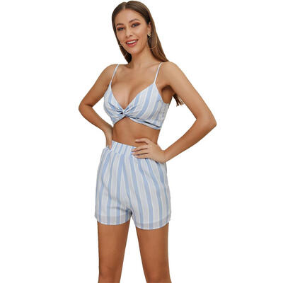 

2pcs Sling Stripe Women V Neck Crop TopHigh Waist Straight Shorts Wear Set