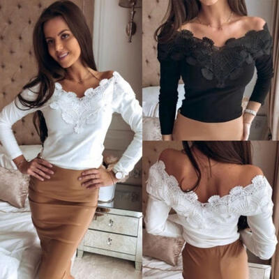 

Women Sexy Off Shoulder Long Sleeve Lace Pullover Tops Casual Slim T Shirts Blouse