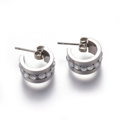 

304 Stainless Steel Stud Earrings with Rhinestone&Ear Nuts Stainless Steel Color 14mm Pin 08mm