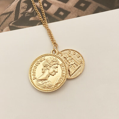 

Gold Color Carved Coin Necklace Figure Medal Long Chain Double Layered Necklace Pendant Personalized Women Choker 2018