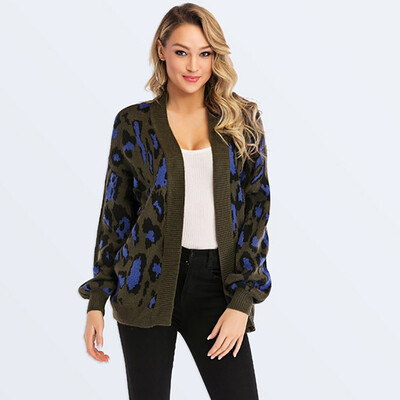 

Toponeto Fashion Women Solid Open Front Long Sleeve Leopard Coat Loose Sweater Outerwear