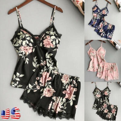 

2pcs Women Silk Satin Lace Robe Shorts Sleepwear Babydoll Nightdress Pajamas USA