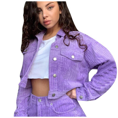 

Toponeto Womens Casual Solid Color Short Pocket Lapel Loose Corduroy Button Jacket Coat