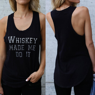 

Starmoon Women Fashion Sexy O-Neck Letters Print Tank Tops Sleeveless Loose T-Shirt