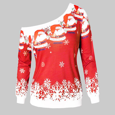 

Starmoon Women Merry Christmas Santa Claus Print Skew Collar Sweatshirt Blouse Pullover