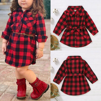 

Christmas Toddler Baby Girl Clothes Long Sleeve Plaids Shirt Dress Outfit Set