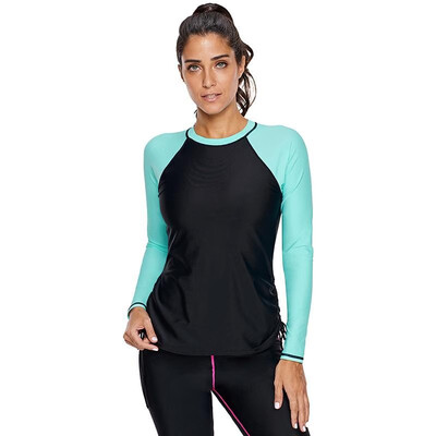 

New Women Sporty Tankini Swim Top Color Block Padded Long Sleeve Swimwear Rashguard Top RoseGreen