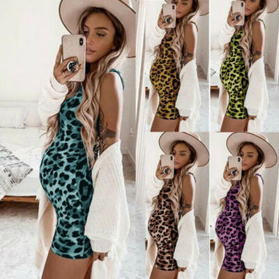 

Leopard Pregnant Women Maternity Sleeveless Casual Cotton Summer Silm Dress USA