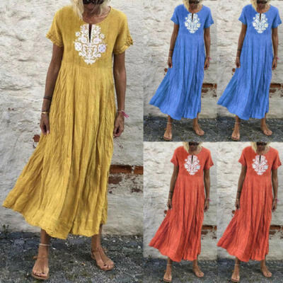 

New Womens Sleeveless Boho Party Casual Linen Kaftan Maxi Dress Long Dresses