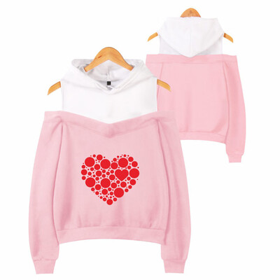 

Tailored Women Off Shoulder Heart-shap Print Loose Hooded Sweatshirt Fake Two-Piece Tops
