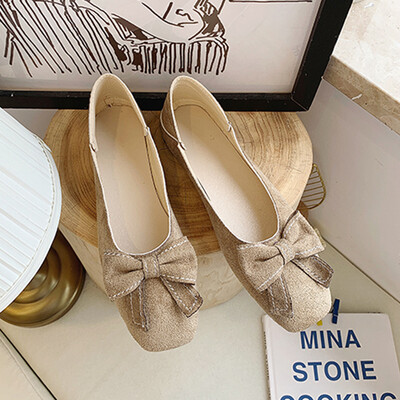 Bean shoes women 2019 spring new square bow shoes shallow Korean Joker fairy suede gourd ladle shoes