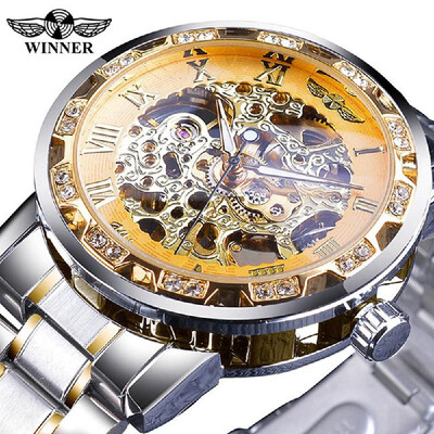 

WINNER Men Automatic Watch Fashion Diamond Display Luminous Hands Gear Movement Retro Mechanical Skeleton Watches Luxury Casual Bu