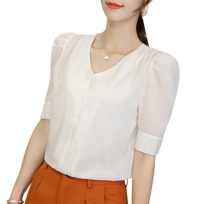 

New Women V-Neck Solid Color Shirts Summer Short Sleeve Casual Top Female Button Fashion Chiffon Blouse Office Lady Shirt