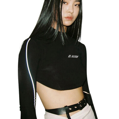 

Womens Reflective Printing Slim Navel Long-sleeved Shirt