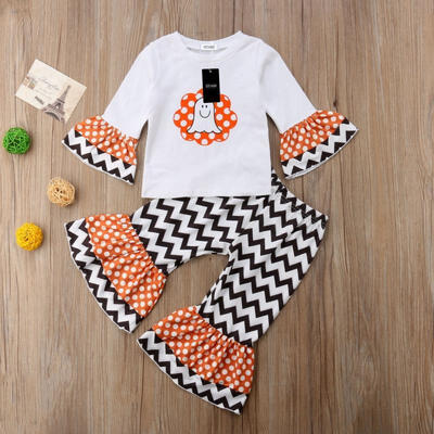 

2PCS Baby Girls Halloween Ghost Long Sleeve T-shirt TopsStriped Wide Leg Pants Outfits Set