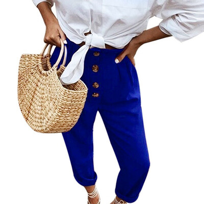 

Tailored Women Retro High Waist Pure Color Button Elastic Waist Casual Long Pants