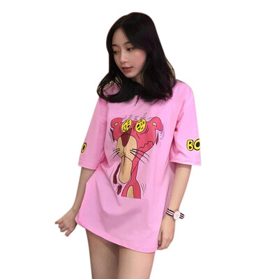 

Womens round neck cartoon print loose short-sleeved casual long T-shirt