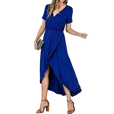 

Women Sexy Solid Dress V Neck Short Sleeve Dresses Fashion Casual Loose Irregular Midi Dress