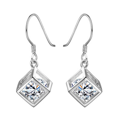 

Women Fashion 1 Pair 925 Sterling Silver Earring Crystal Cube Shape Earrings