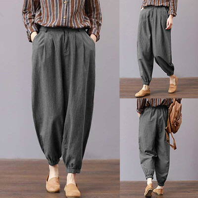 

Women Casual Pocket Button Cotton And Linen Loose Trousers Pants