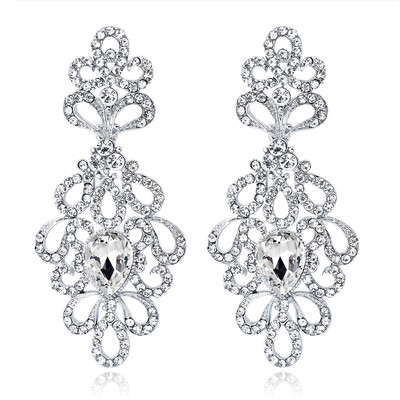 

New Fashion Style Hollow Out Crystal Wedding Long Earrings for Women Silver Color Fashionable Bridal Earrings Jewellry Gift